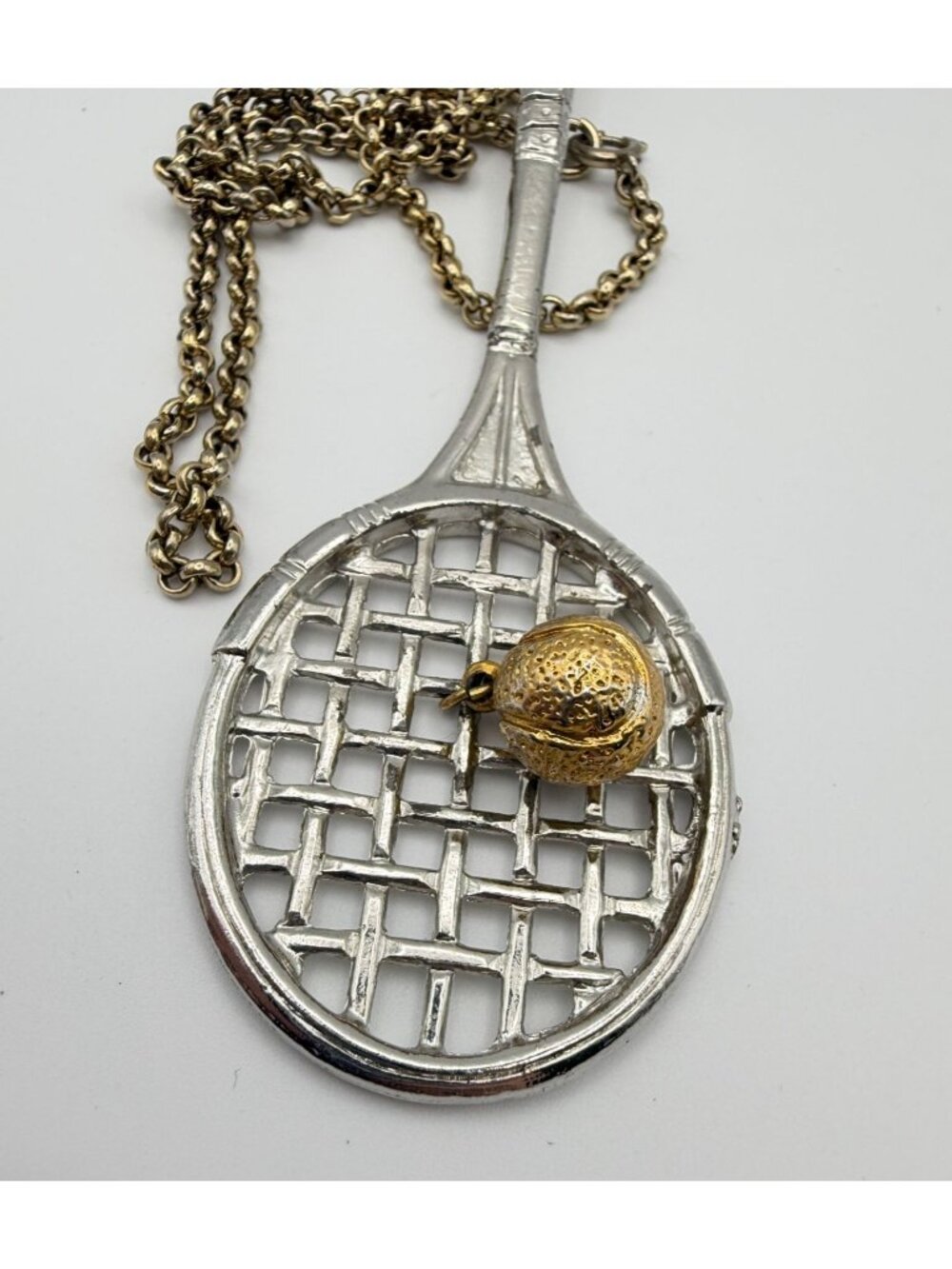 Vintage Tennis Racket Large Pendant Necklace 18" Gold and Silver Tone Sports 80s - Picture 2 of 7
